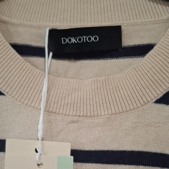 Fitted Ribbed Puff Sleeve Tee Blue and Cream - Picture 3 of 6